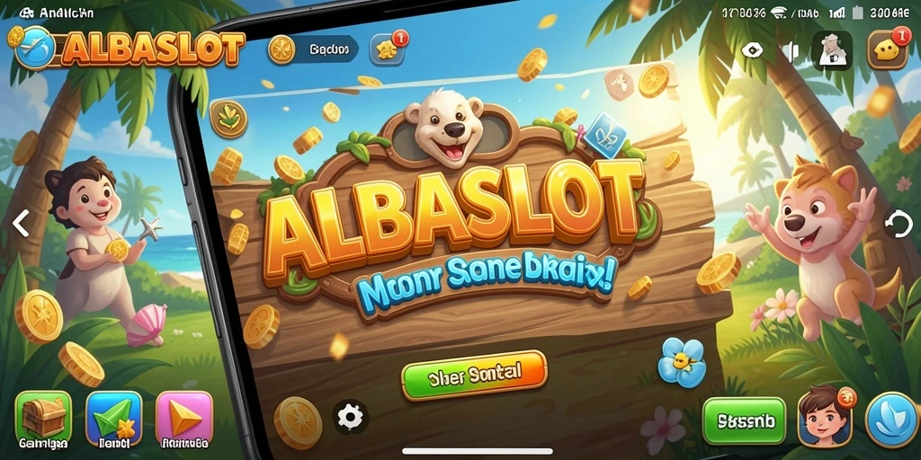 Tampilan gameplay utama ALBASLOT yang menarik dan penuh warna.